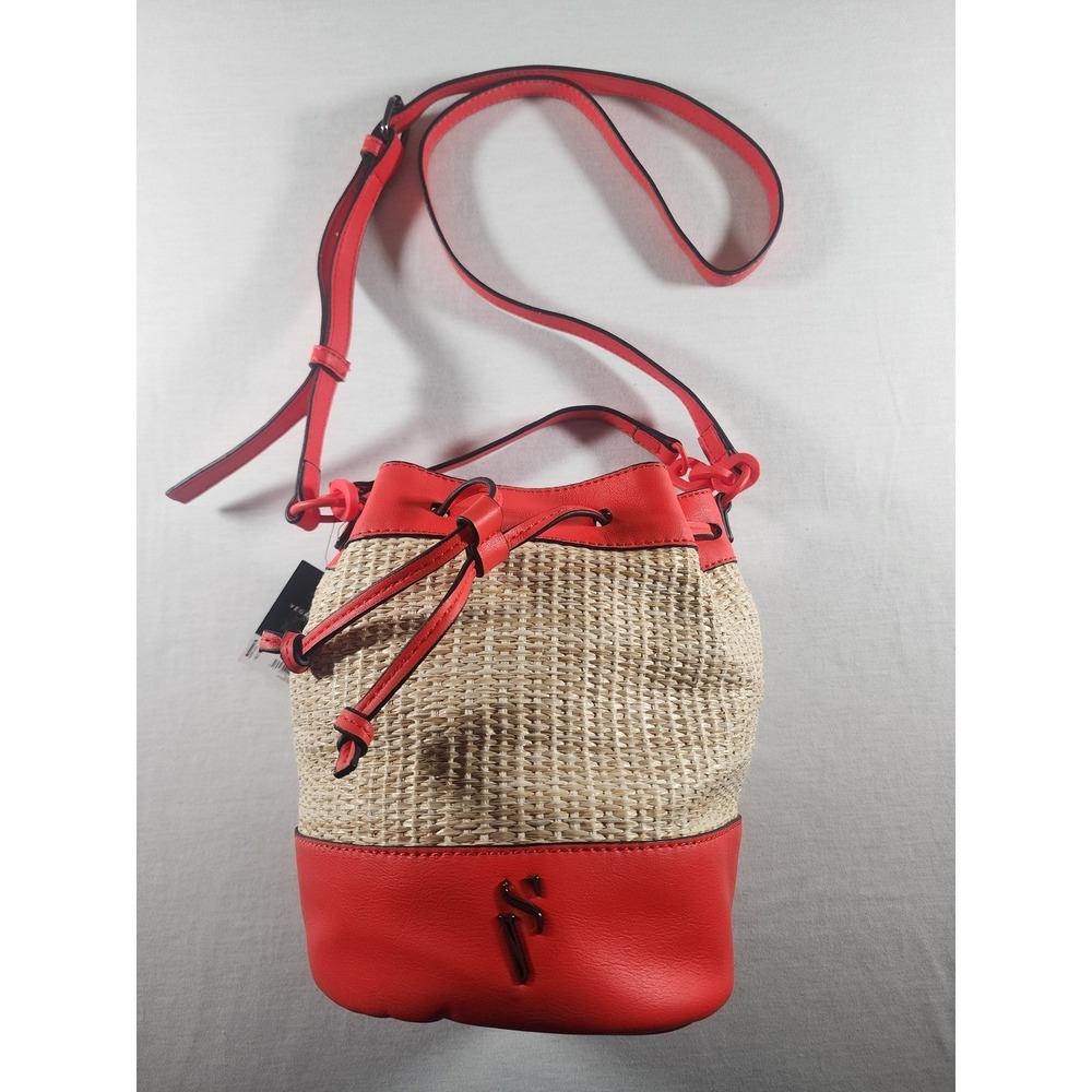 Simply Vera Wang NEW Straw Bucket Bag Red Orange‎ Crossbody Drawstring Handbag